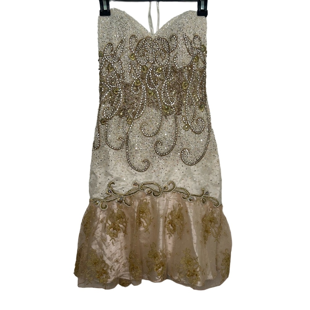 Sherri Hill Strapless Embellished Cream & Gold Mini Dress Size 4